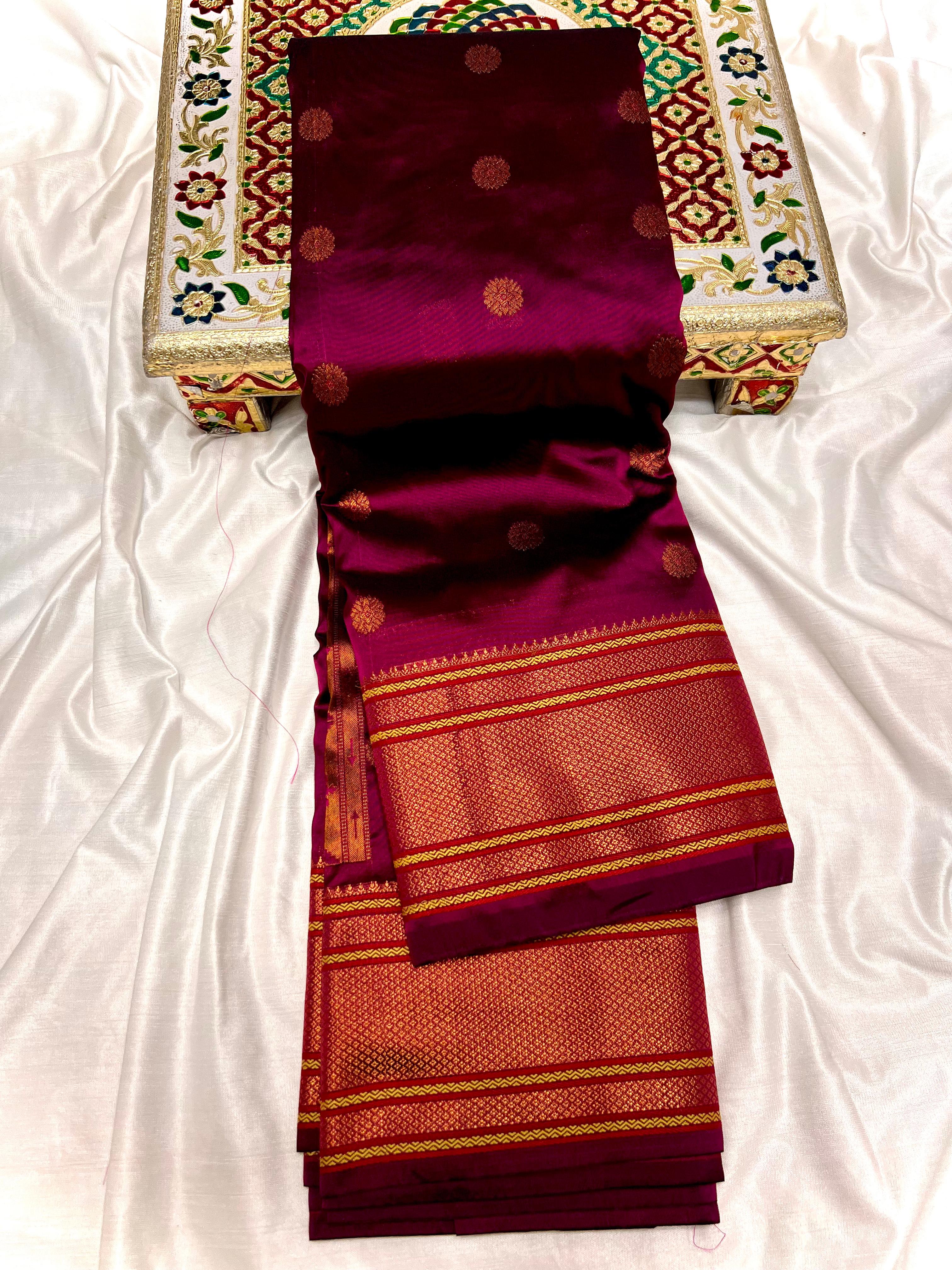Traditional Kalanjali Paithani, Maharani Pallu with running Blouse.  This traditional Yeola Kalanjali Paithani features a rich Maharani Pallu and intricate all over buttis. Made with premium shiny Tana Softy Silk and 100% premium Zari, it offers a luxurious look and feel. The running blouse piece allows for a customized fit. Elevate your wardrobe with this premium paithani saree. Traditional Yeola Kalanjali Paithani